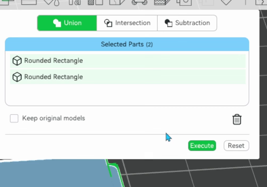 The Union tab of the boolean panel with a single Selected Parts list containing two rounded rectangles