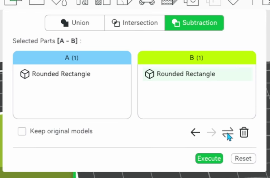 The Subtraction tab showing A and B panels colour coded blue and green, both containing objects named Rounded Rectangle