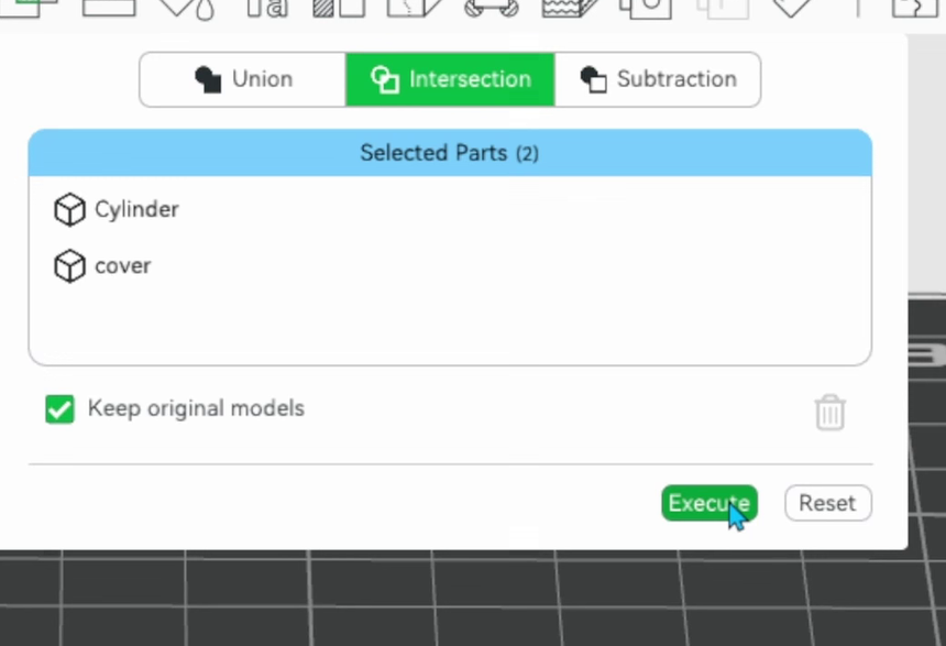 The Intersection tab with a flat Selected Parts list containing Cylinder and cover, and keep original models ticked