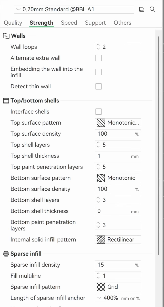 Bambu Studio strength settings at the default, wall loops 2 and sparse infill density 15 percent with a grid pattern