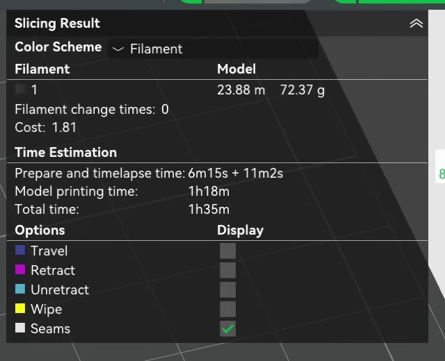 Slicing result after raising walls and infill across the whole model, 1h18m model printing time and 72.37g of filament