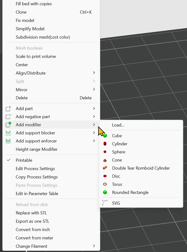 Bambu Studio right click menu with Add modifier expanded, showing cube, cylinder, sphere, cone, disc, torus, rounded rectangle, load and SVG