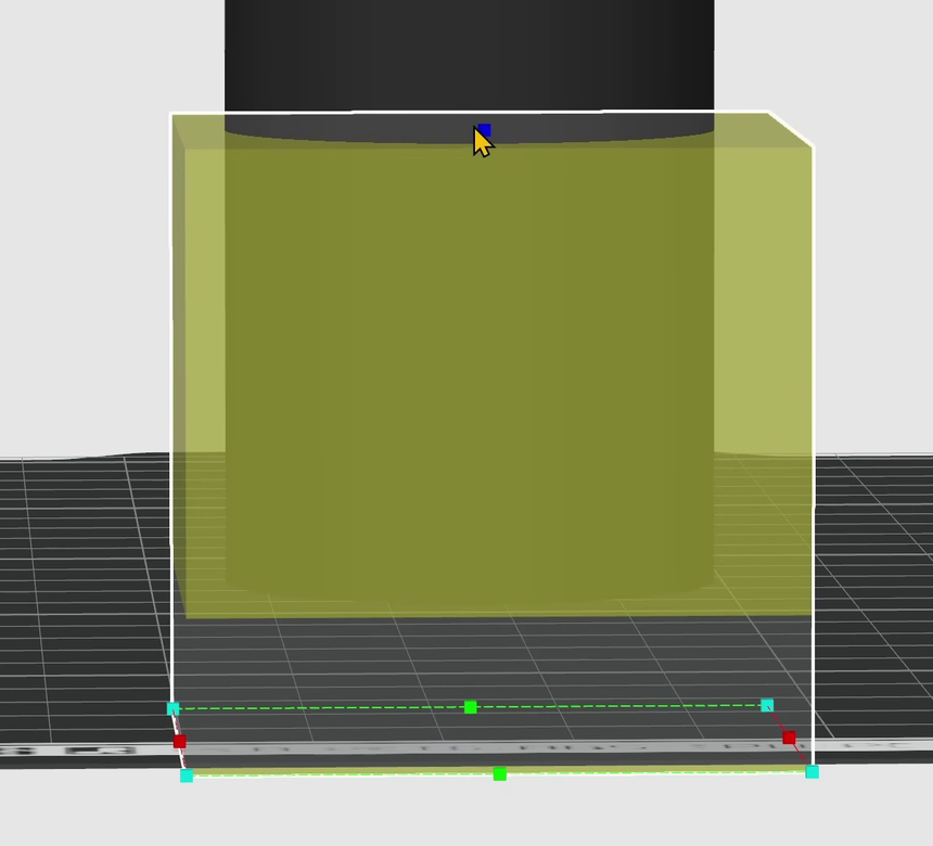 A translucent modifier cube scaled to cover the bottom section of a cylinder in Bambu Studio