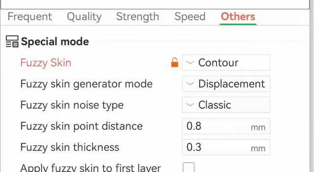 The Others tab for a modifier with Fuzzy Skin set to Contour under Special mode