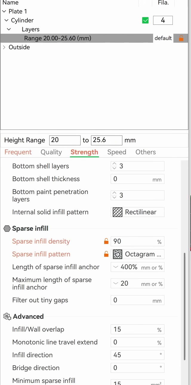 Object list showing a height range of 20.00 to 25.60mm with sparse infill set to 90 percent and an octagram pattern