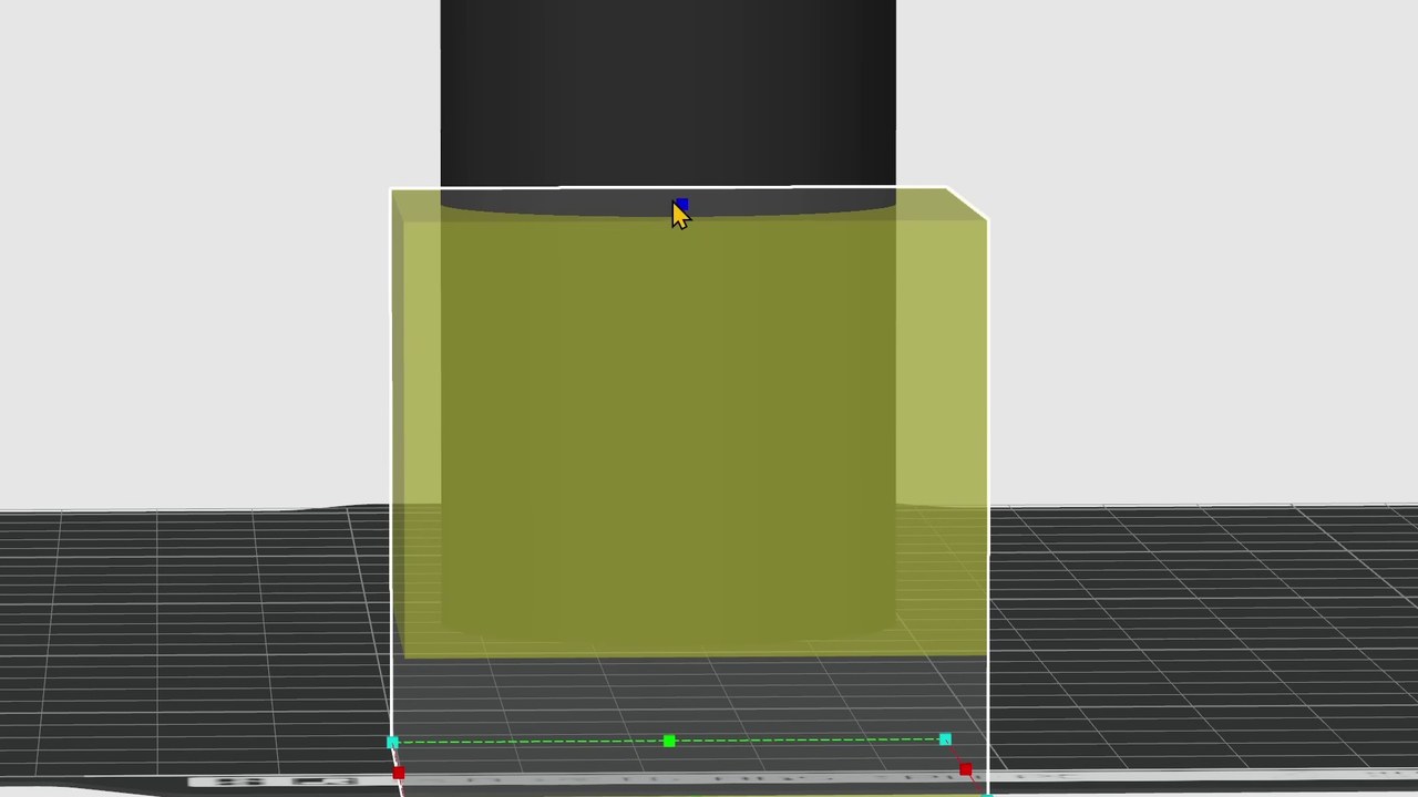 A translucent yellow modifier box overlapping the bottom section of a gray cylinder in Bambu Studio