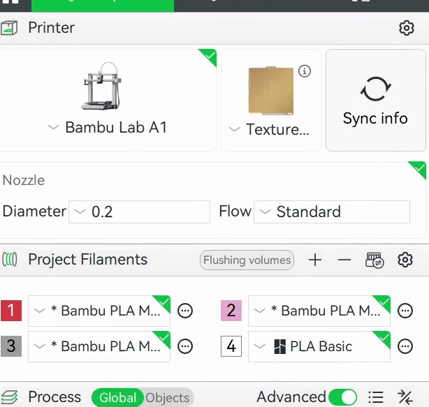Bambu Studio printer panel with nozzle diameter set to 0.2 on a Bambu Lab A1