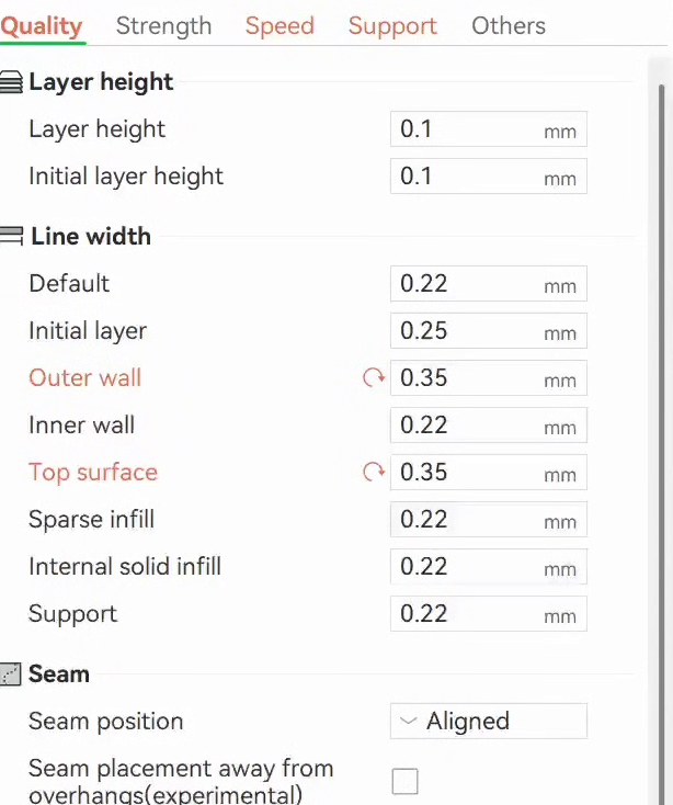 Quality tab on the 0.2mm profile with outer wall and top surface line width still at 0.35mm in orange, against 0.22mm defaults