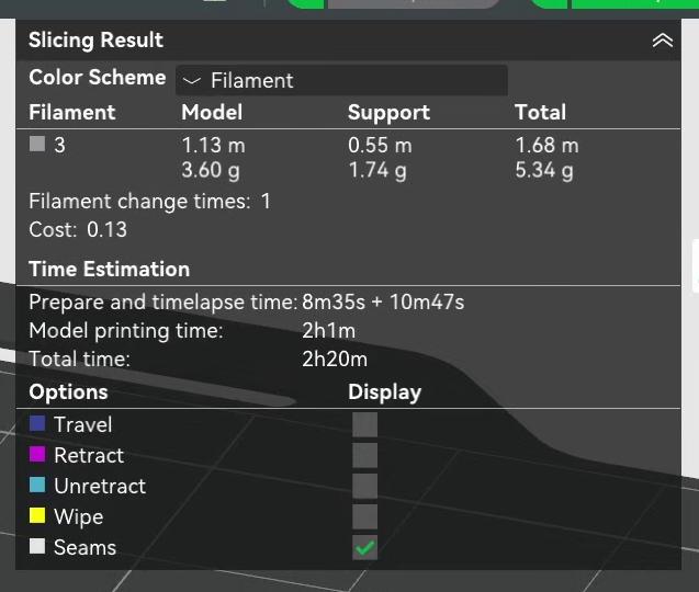 Slicing result for the first 0.2mm print, model printing time 2h1m and total time 2h20m