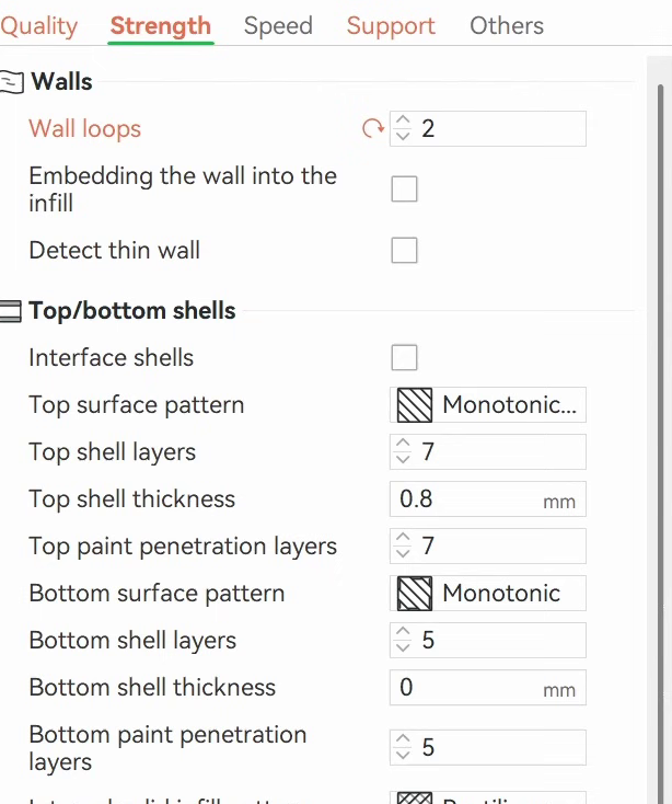 Strength tab with wall loops being changed, sparse infill density 15 percent and gyroid pattern