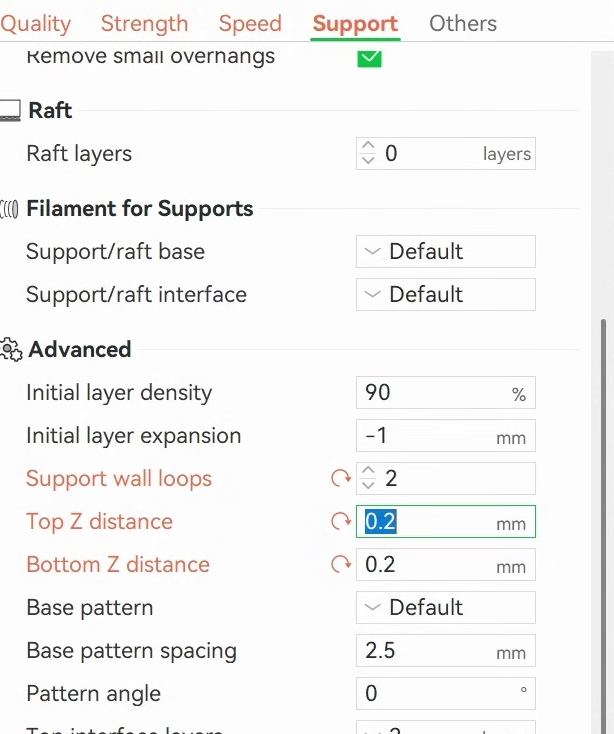 Support advanced settings with support wall loops set to 2 and top and bottom Z distance at 0.2mm