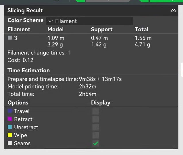 Slicing result using the Fat Dragon Games profile, model printing time 2h32m and total time 2h54m