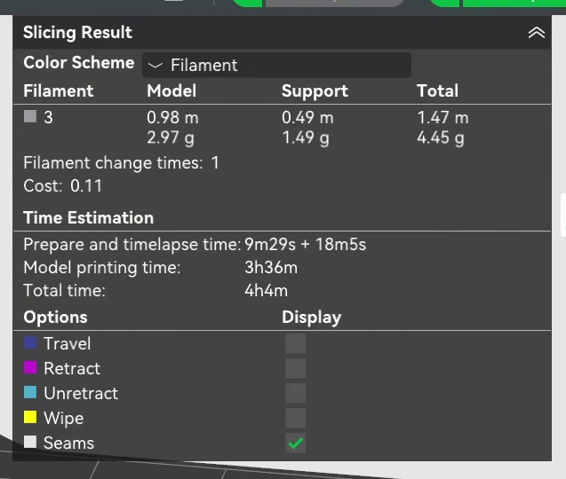 Slicing result for the highest quality attempt, model printing time 3h36m and total time 4h4m