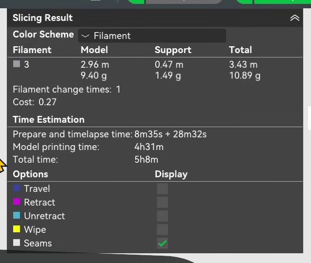 Slicing result for the ogre with variable layer height, model printing time 4h31m and total time 5h8m