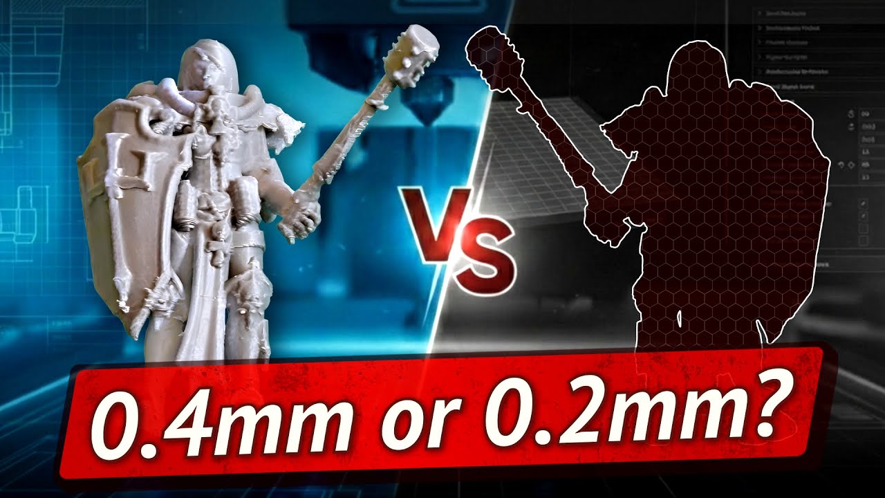 A printed Warhammer-style crusader miniature beside a silhouette of the same model, captioned 0.4mm or 0.2mm?