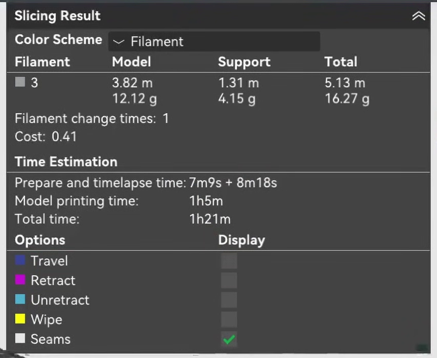 Bambu Studio slicing result for the stock profile, showing model printing time 1h5m and total time 1h21m