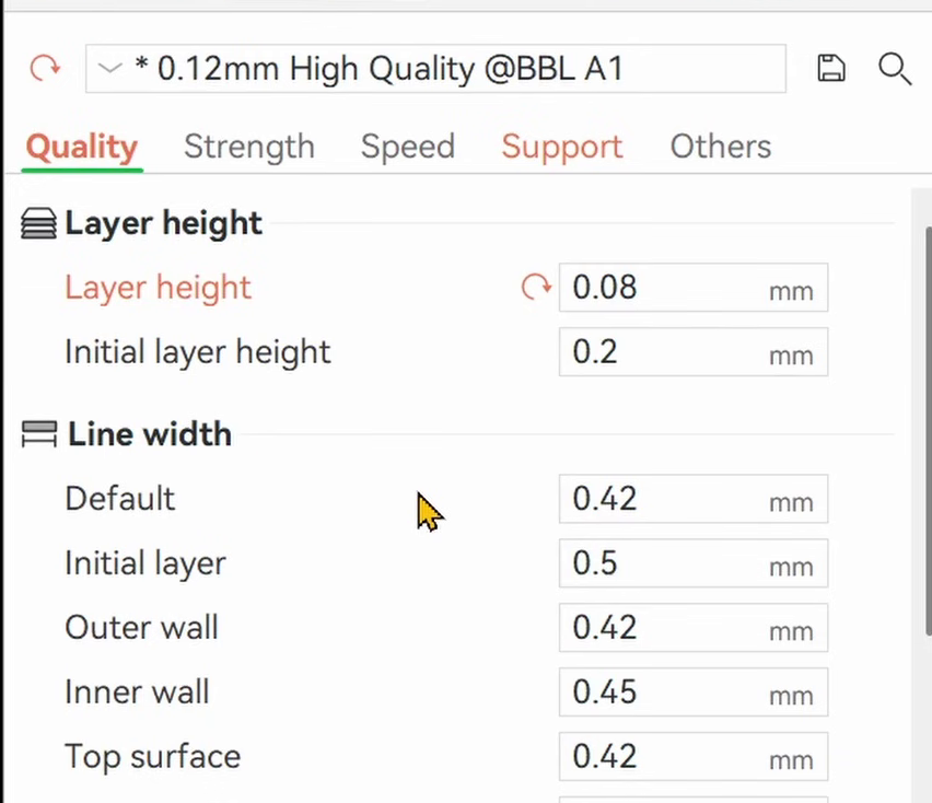 The Quality tab of the 0.12mm High Quality preset with layer height changed to 0.08mm