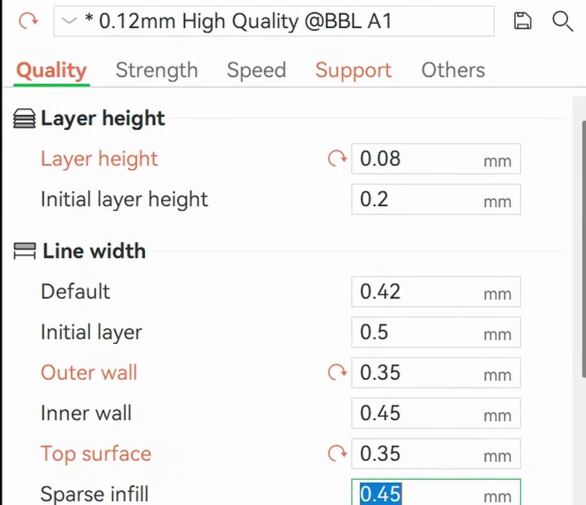 Line width settings with outer wall and top surface both changed to 0.35mm, inner wall left at 0.45mm