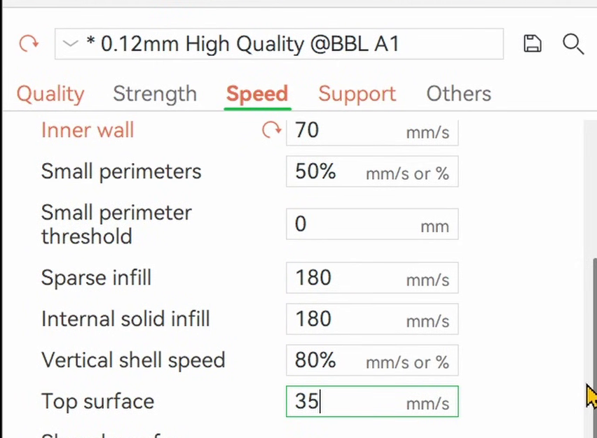 Other layers speed with outer wall at 30mm/s, inner wall at 70mm/s and top surface at 35mm/s