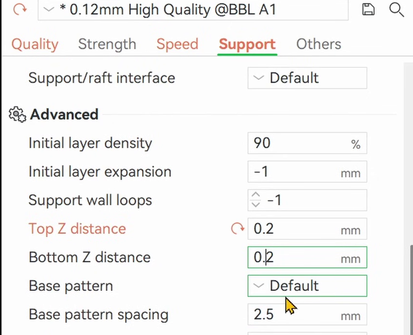 Support advanced settings with top and bottom Z distance both changed to 0.2mm