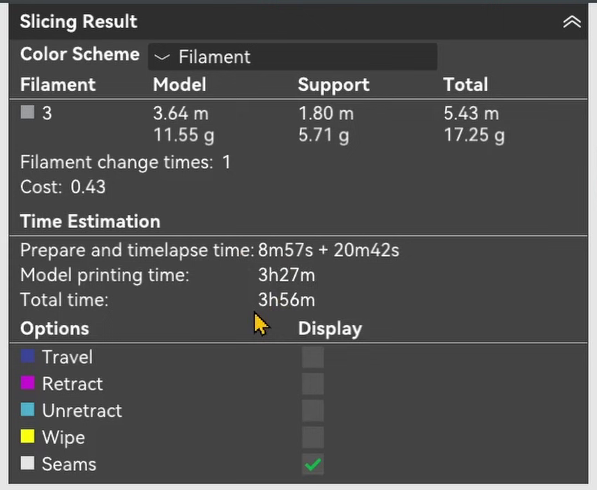 Slicing result for the tuned profile, showing model printing time 3h27m and total time 3h56m