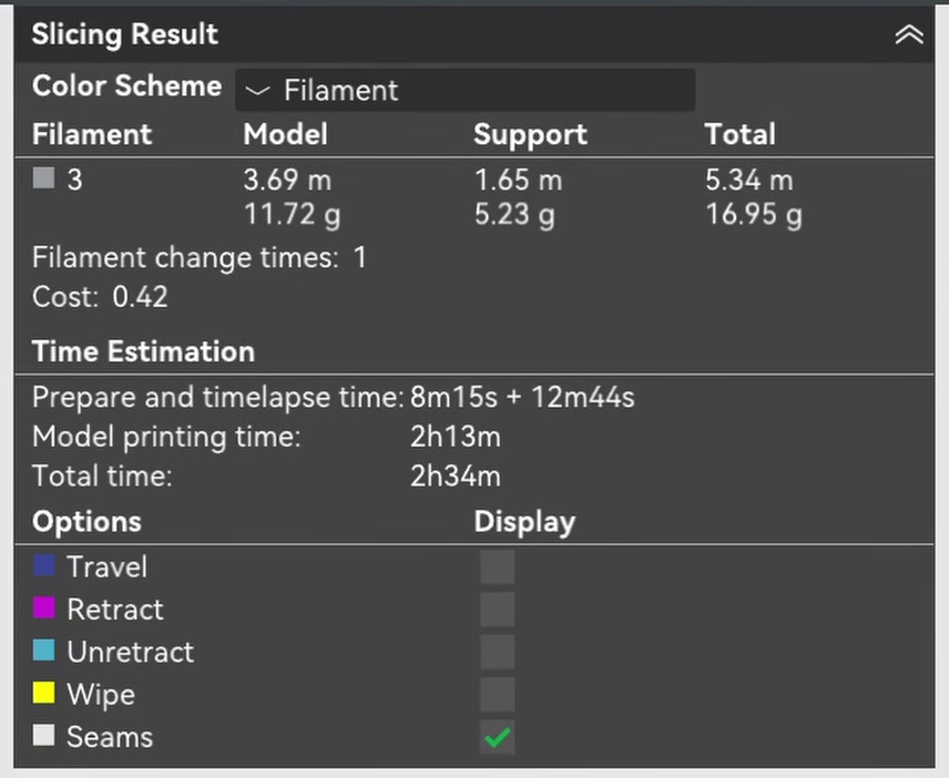 Slicing result at 0.13mm layer height, showing model printing time 2h13m and total time 2h34m