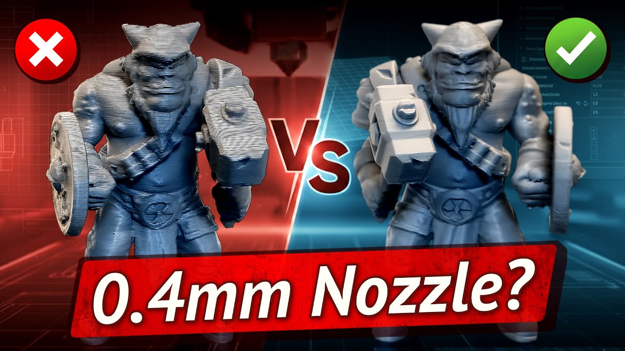 Two 3D printed ogre miniatures side by side. The left one shows heavy layer lines and is marked with a red cross; the right one is smooth and marked with a green tick