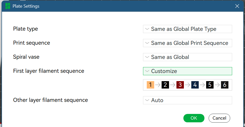 The Plate Settings dialog showing per-plate print sequence and first layer filament sequence