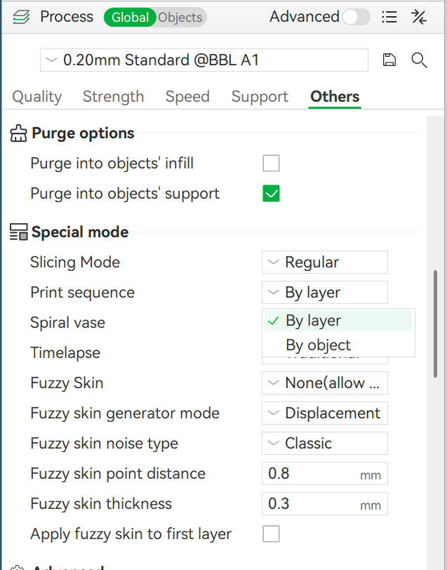 Bambu Studio Others tab with the Special mode group open and Print sequence set to By object