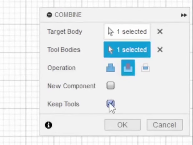 Fusion 360 Combine dialog with the operation set to cut and Keep Tools checked