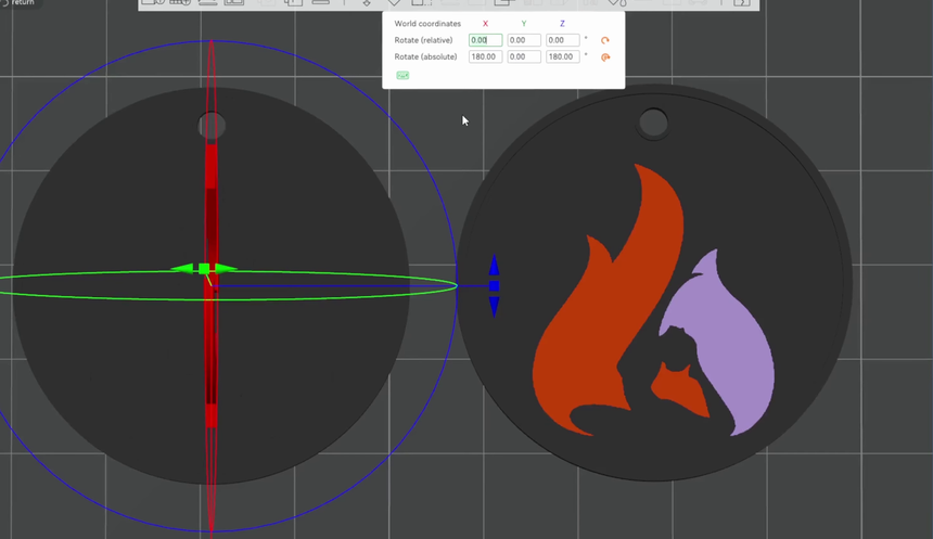Bambu Studio with both keychain halves on the plate, the rotate panel reading 180 on X and 180 on Z absolute
