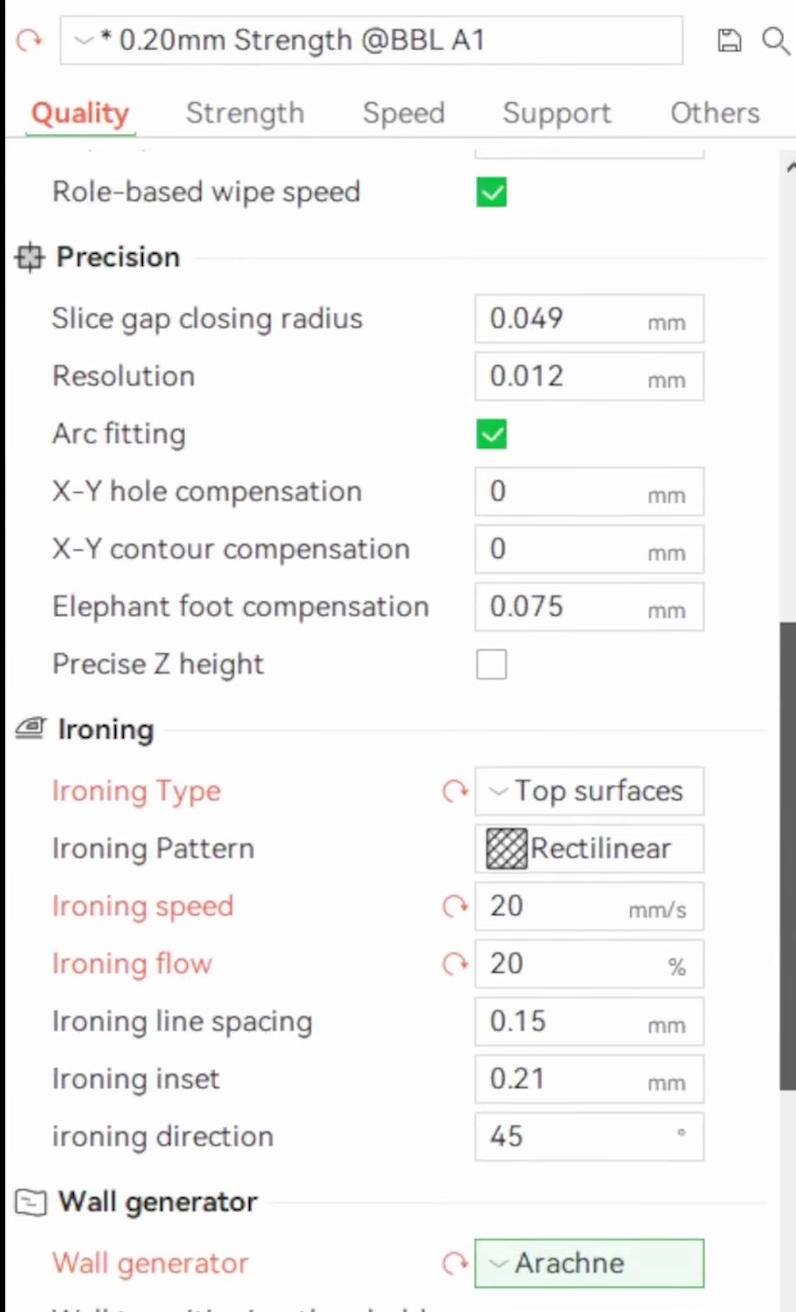 Bambu Studio quality settings with ironing type on top surfaces, ironing speed 20mm/s and flow 20 percent, and wall generator set to Arachne