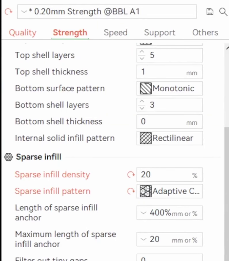 Bambu Studio strength settings with sparse infill density at 20 percent and the pattern set to adaptive cubic