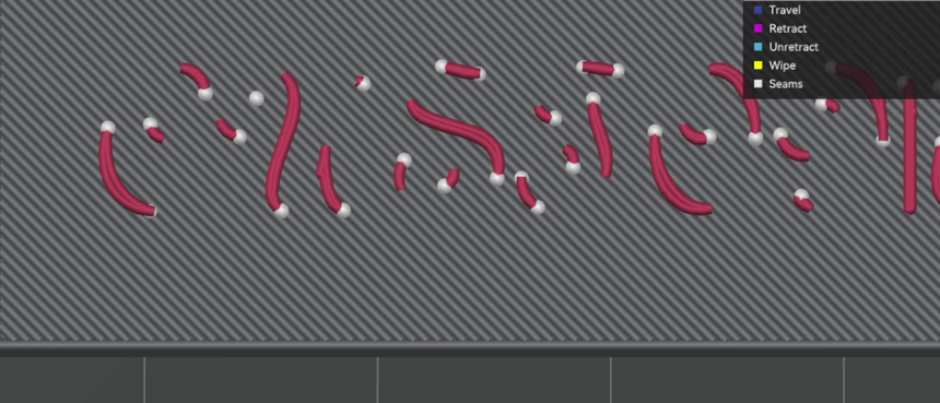 Sliced preview of script text at default settings, showing disconnected fragments of stroke rather than readable letters