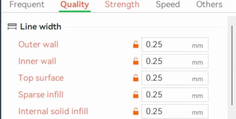 Quality tab for the text object with all five line width values set to 0.25mm