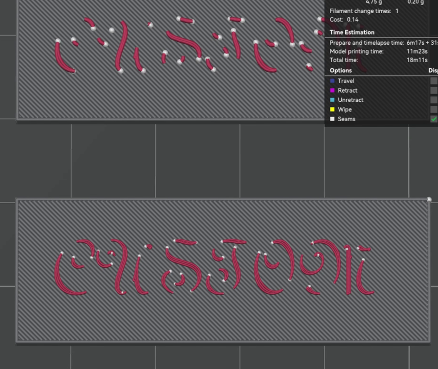 Two sliced plates, the control above with broken letters and the improved copy below with readable script text