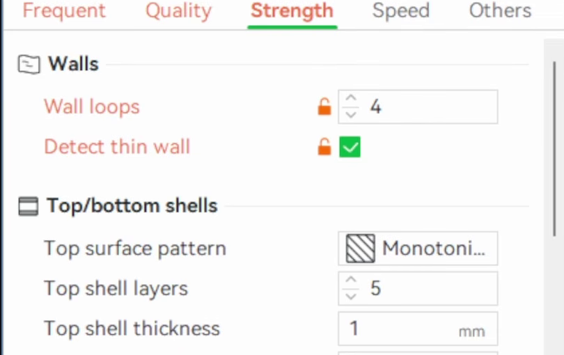 Strength tab for the text object with wall loops set to 4 and detect thin wall enabled