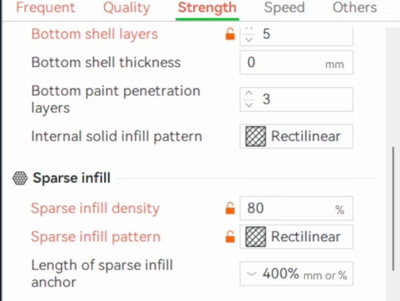 Strength tab showing bottom shell layers at 5, sparse infill density at 80 percent and a rectilinear infill pattern