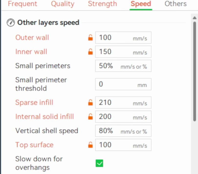 Speed tab for the text object with outer wall at 100mm per second and inner wall at 150
