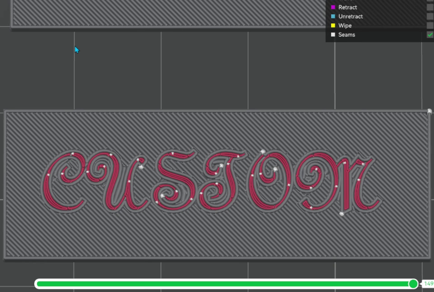 Sliced preview of engraved script text produced by switching the text operation to modifier, with clean wall outlines in the letters