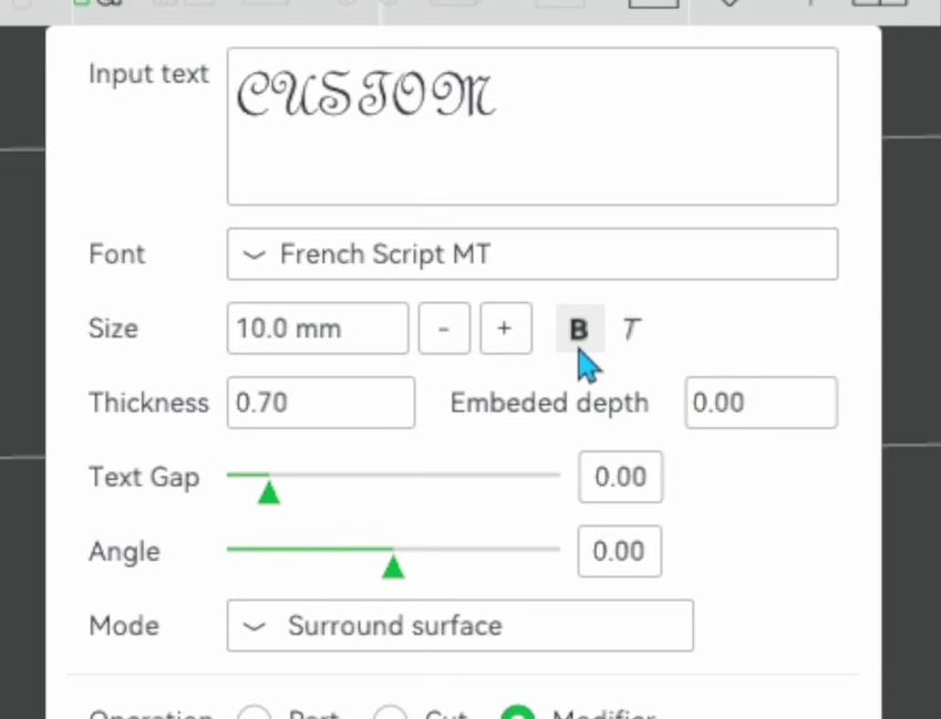 The Bambu Studio text tool dialog showing French Script MT at 10mm, thickness 0.70, the bold button, surround surface mode and the modifier operation